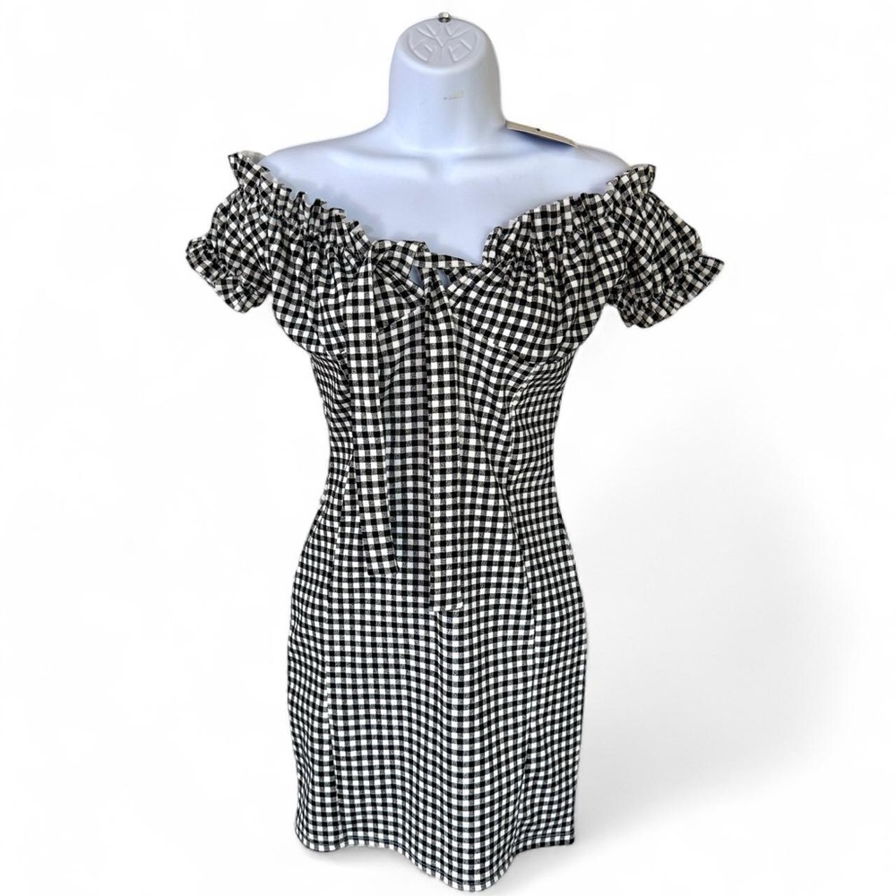 Black and White Gingham Off-Shoulder Dress